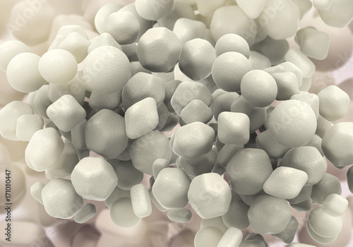Zinc oxide nanoparticles, 3D illustration. ZnO nanoparticles have application as biosensors, in drug delivery, cosmetics, optical and electrical devices, solar cells and other areas