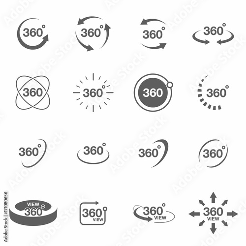 360 degree view related icon set. Signs and arrows for indicate the rotation and panorama