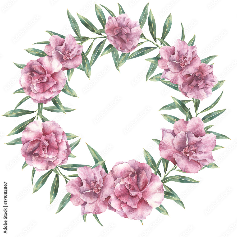 Watercolor floral exotic wreath. Hand painted border with oleander flowers with leaves and branch isolated on white background. Botanical illustration for design, print, fabric.