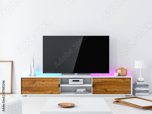 Modern Smart Tv Mockup on console, white living room. 3d rendering