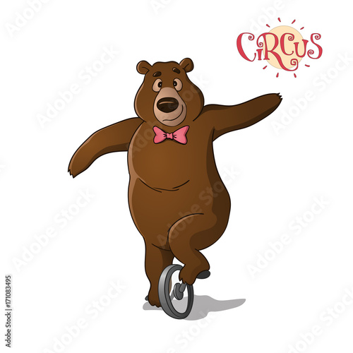 A circus brown bear riding a unicycle.