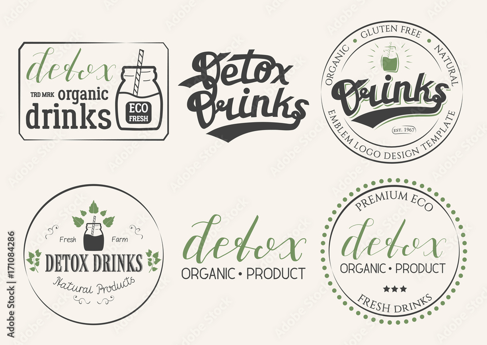 Collection of Six Detox Drinks Natural Products Logo. Set of Eco Badges Hand Drawn Lettering. Emblem Vector Illustration for Web Graphic Design, Print, Logotype, Brand, Symbol.