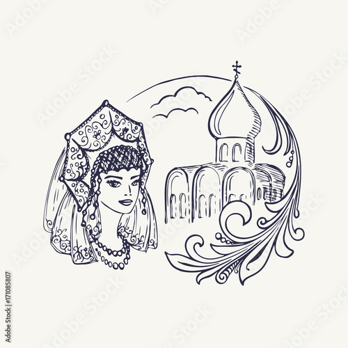 Stylized drawing of the church, girls in kokoshnik and Khokhloma branch. Vector illustration