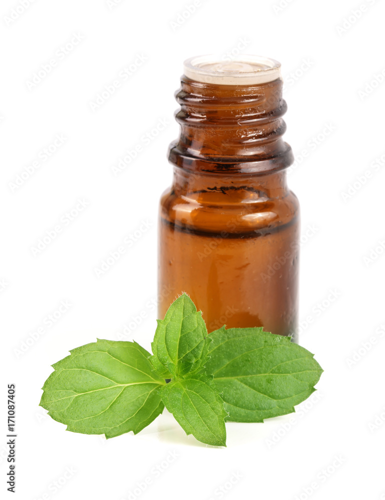 bottle of peppermint oil and fresh mint isolated on white background bottle of peppermint oil and fresh mint isolated on white background
