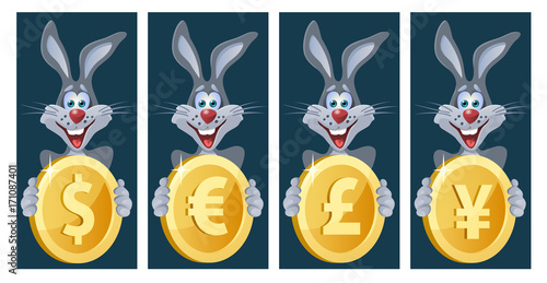 Funny rabbit holds symbols of different currencies. Dollar, euro, yen, pound sterling. Cartoon styled vector illustration. Elements is grouped. Isolated on white. No transparent objects.
