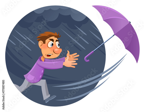 Bad weather. Rain and wind. Hurricane. Cartoon man tries to catch an umbrella. Cartoon styled vector illustration. Elements is grouped and divided into layers. No transparent objects.