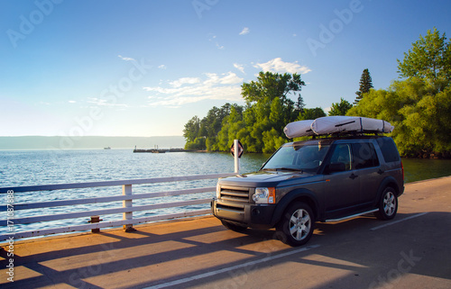 SUV waiting for ferry at Madeline Island on Lake Superior in Wisconsin