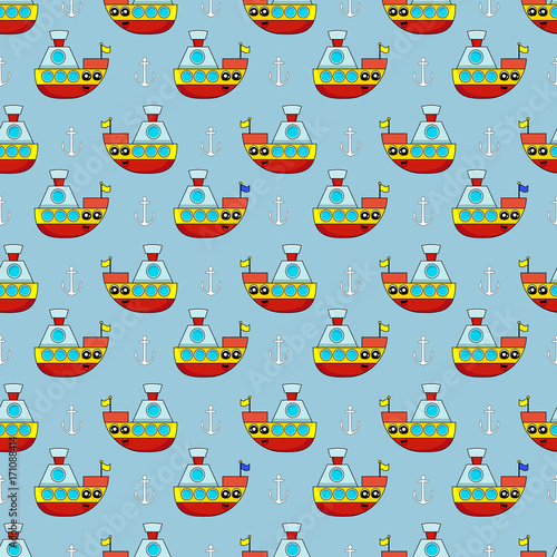 Cute kids pattern for girls and boys. Colorful ship on the abstract bright background create a fun cartoon drawing.The background is made in blue colors.Urban backdrop for textile and fabric