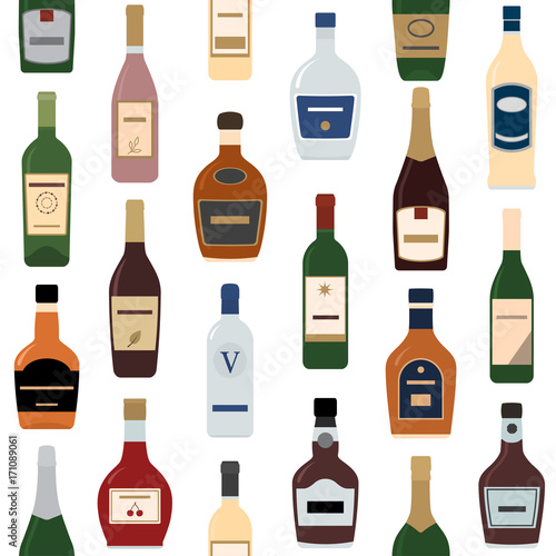 Background of Alcohol Bottles. Seamless pattern. Vector illustration.   