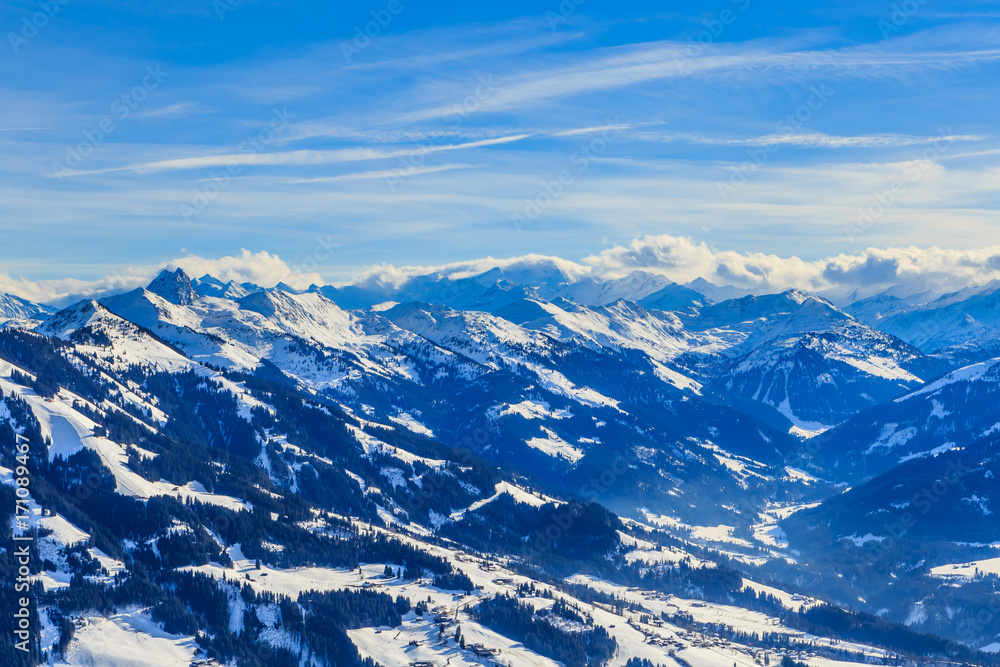 Mountains with snow in winter. Ski resort  Hopfgarten, Tyrol, Austria
