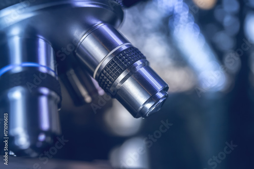 Laboratory Equipment - Optical Microscope. Microscope is used for conducting planned, research experiments, educational demonstrations in medical and health institutions, laboratories. Close up photo.