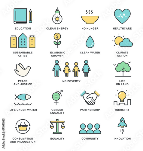 Sustainable Development Goals and Sustainable Living Implementation Concept Line Art Vector Icons