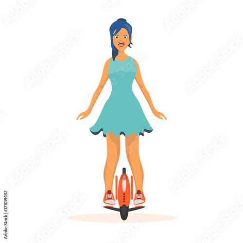 Asian girl enjoying the ride a gyroscope. One wheel gyro scooter. Lifestyle concept. Cartoon vector illustration isolated on white.
