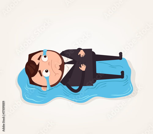 Crying man office worker businessman character lying on floor. Vector flat cartoon illustration