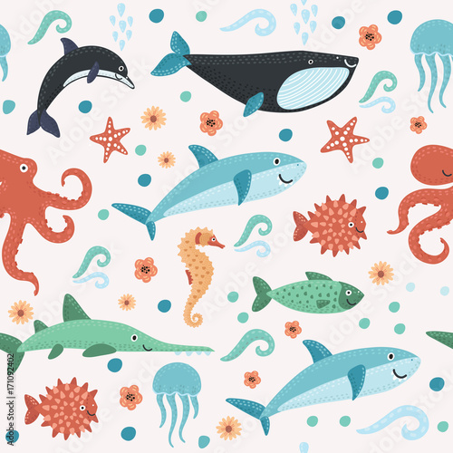 seamless pattern with colorful sea creatures
