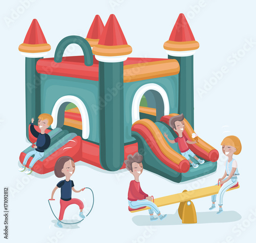 excited kids having fun on inflatable attraction playground