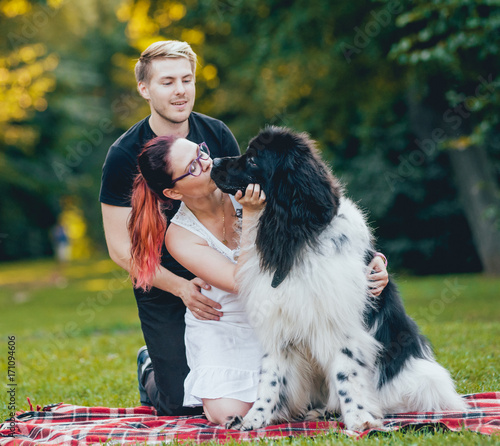 Newfoundland dog plays with man and woman in the park photo