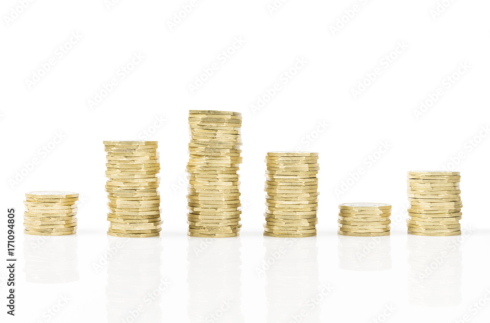 Golden Coins stack with reflection isolated on white background Golden Coins stack with reflection isolated on white background