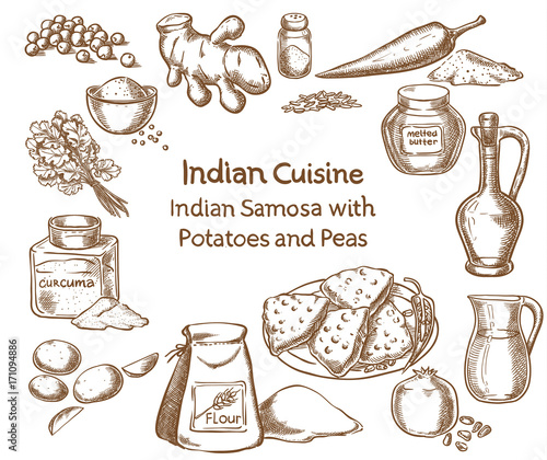 Indian cuisine Samosa with Potatoes and peas Ingredients