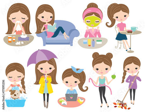 Cute brown hair girl living set in various activities such as reading, working, beauty routine, dog bathing, dieting, raking leaves, being sick, drinking coffee.