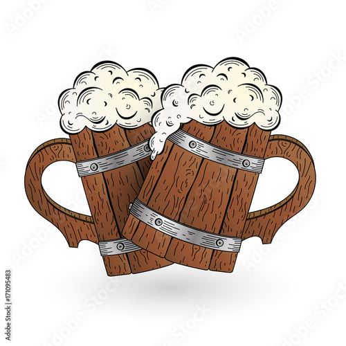 Wooden beer mugs in sketch style. Octoberfest typographic design. Decoration usable as banner, cards, posters, label, badge. Holiday Vector Illustration