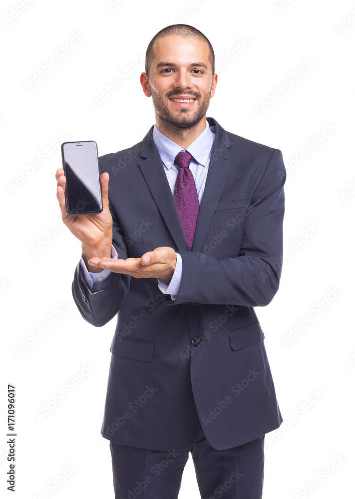 Hadsome businessman showing a modern smartphone, isolated on a white background Hadsome businessman showing a modern smartphone, isolated on a white background