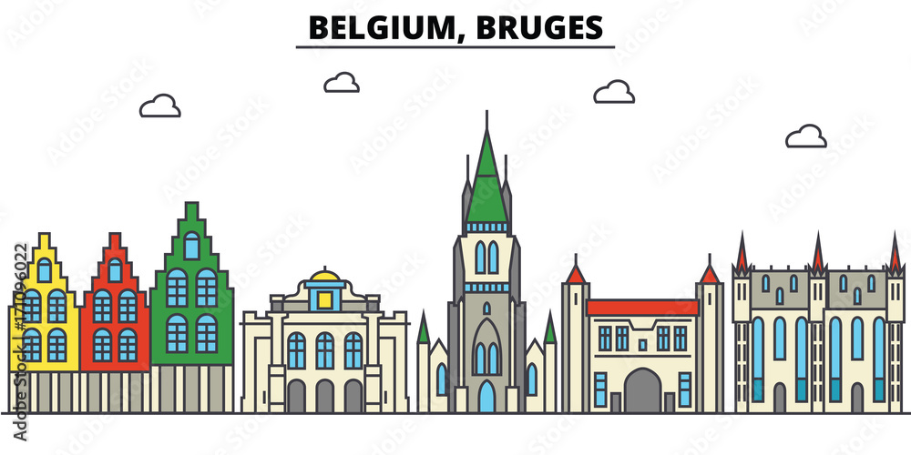 Obraz Belgium, Bruges. City skyline: architecture, buildings, streets, silhouette, landscape, panorama, landmarks. Editable strokes. Flat design line vector illustration concept. Isolated icons