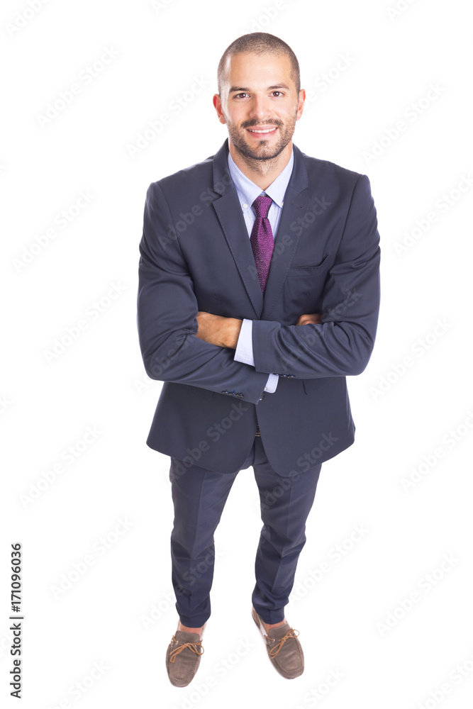 Top view of a happy smiling businessman, isolated on white background Top view of a happy smiling businessman, isolated on white background