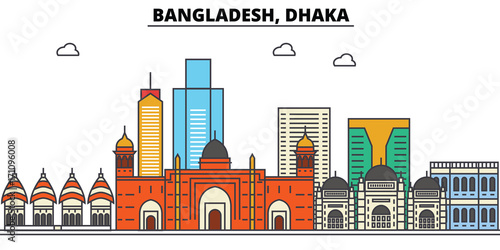 Bangladesh, Dhaka. City skyline: architecture, buildings, streets, silhouette, landscape, panorama, landmarks. Editable strokes. Flat design line vector illustration concept. Isolated icons photo