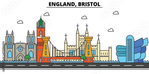 England, Bristol. City skyline: architecture, buildings, streets, silhouette, landscape, panorama, landmarks. Editable strokes. Flat design line vector illustration concept. Isolated icons