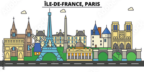 France, Paris, Ile De France . City skyline: architecture, buildings, streets, silhouette, landscape, panorama, landmarks. Editable strokes. Flat design line vector illustration. Isolated icons