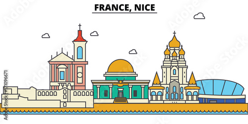 France, Nice. City skyline: architecture, buildings, streets, silhouette, landscape, panorama, landmarks. Editable strokes. Flat design line vector illustration concept. Isolated icons