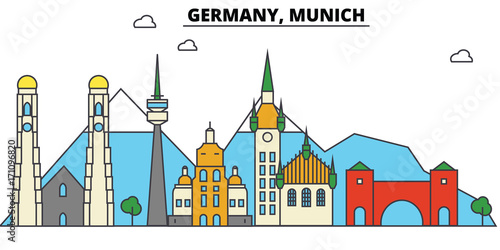 Germany, Munich. City skyline: architecture, buildings, streets, silhouette, landscape, panorama, landmarks. Editable strokes. Flat design line vector illustration concept. Isolated icons