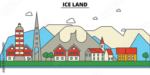 Ice, Land. City skyline: architecture, buildings, streets, silhouette, landscape, panorama, landmarks. Editable strokes. Flat design line vector illustration concept. Isolated icons