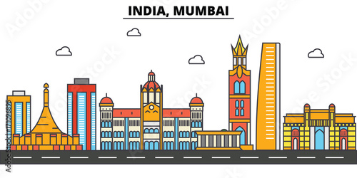 India, Mumbai. City skyline: architecture, buildings, streets, silhouette, landscape, panorama, landmarks. Editable strokes. Flat design line vector illustration concept. Isolated icons