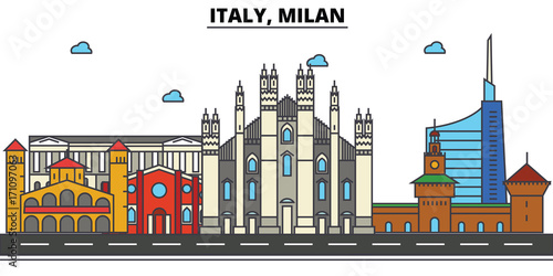 Italy, Milan. City skyline: architecture, buildings, streets, silhouette, landscape, panorama, landmarks. Editable strokes. Flat design line vector illustration concept. Isolated icons