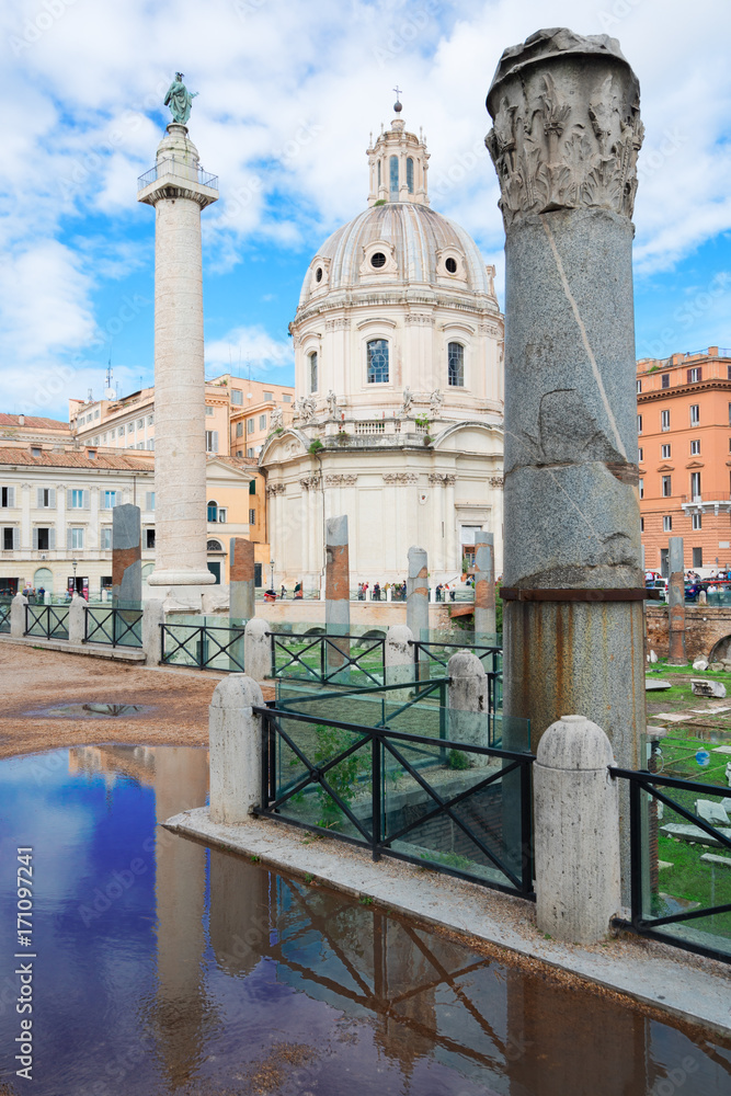 Forum - antique Roman ruins with column of Trajan in Rome, Italy