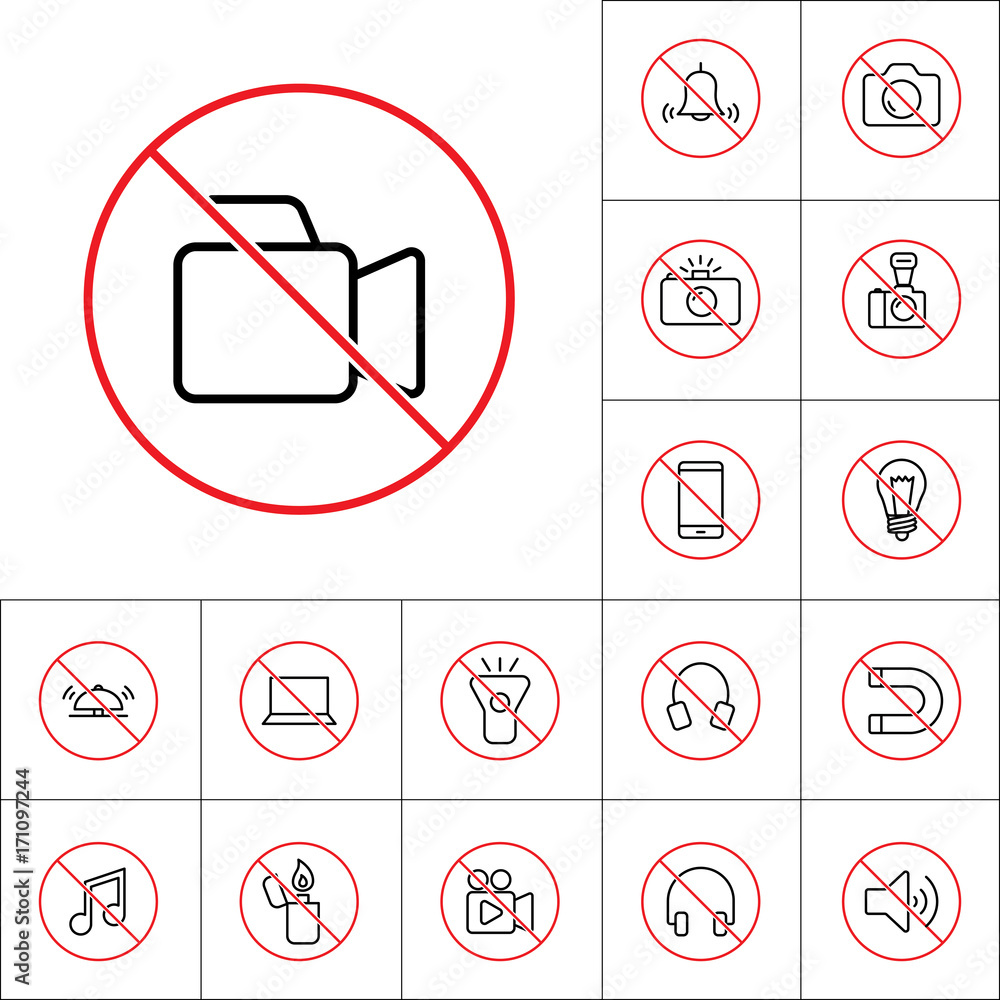 thin line no video shooting sign, gadget prohibitions set thin line no video shooting sign, gadget prohibitions set