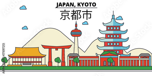Japan, Kyoto. City skyline: architecture, buildings, streets, silhouette, landscape, panorama, landmarks. Editable strokes. Flat design line vector illustration concept. Isolated icons