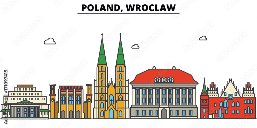 Obraz Poland, Wroclaw. City skyline: architecture, buildings, streets, silhouette, landscape, panorama, landmarks. Editable strokes. Flat design line vector illustration concept. Isolated icons