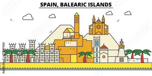 Spain, Balearis Islands. City skyline: architecture, buildings, streets, silhouette, landscape, panorama, landmarks. Editable strokes. Flat design line vector illustration concept. Isolated icons photo