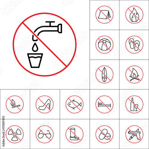 thin line not drinking water sign, camping prohibitions set