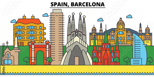 Spain, Barcelona. City skyline: architecture, buildings, streets, silhouette, landscape, panorama, landmarks. Editable strokes. Flat design line vector illustration concept. Isolated icons