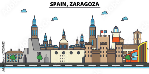 Spain, Zaragoza. City skyline: architecture, buildings, streets, silhouette, landscape, panorama, landmarks. Editable strokes. Flat design line vector illustration concept. Isolated icons
