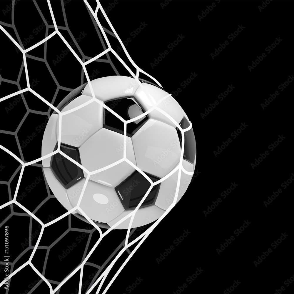 Naklejka premium Realistic soccer ball or football ball in net on black background. 3d Style vector Ball.