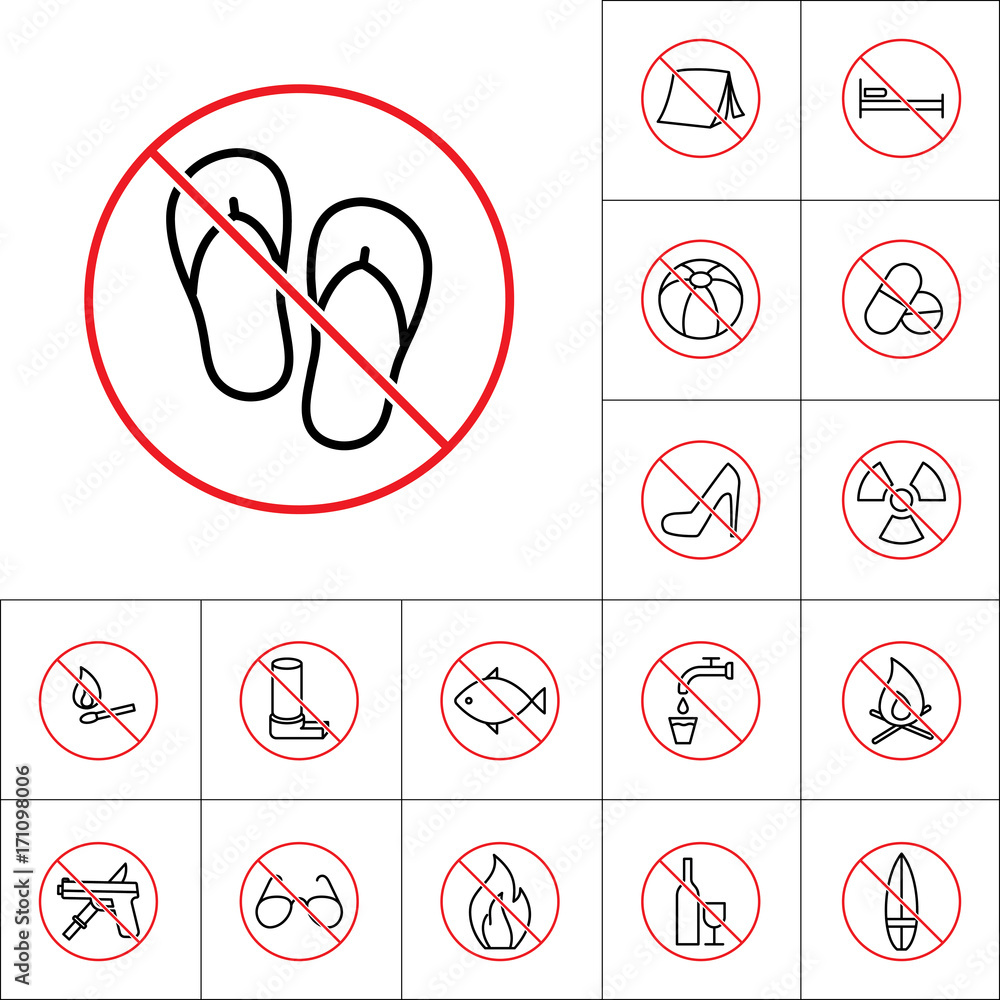 thin line no slipper sign, camping prohibitions set thin line no slipper sign, camping prohibitions set