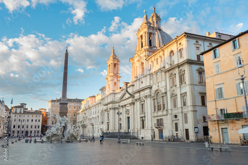 panoramic view of Piazza Navona in Rome at sunrise, Italy
