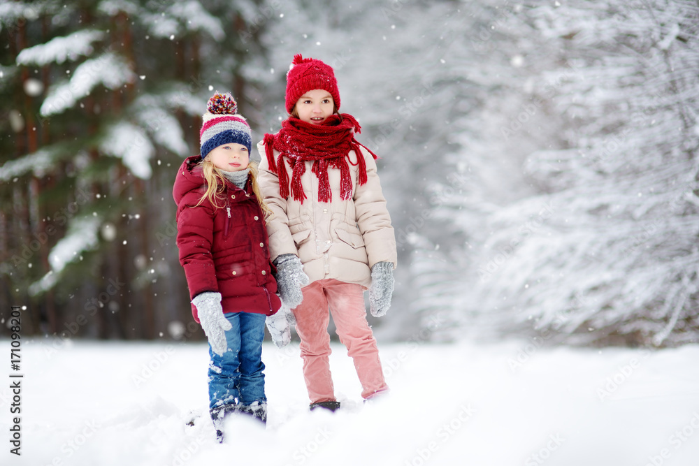 Two adorable little girls having fun together in beautiful winter park. Beautiful sisters playing in a snow.