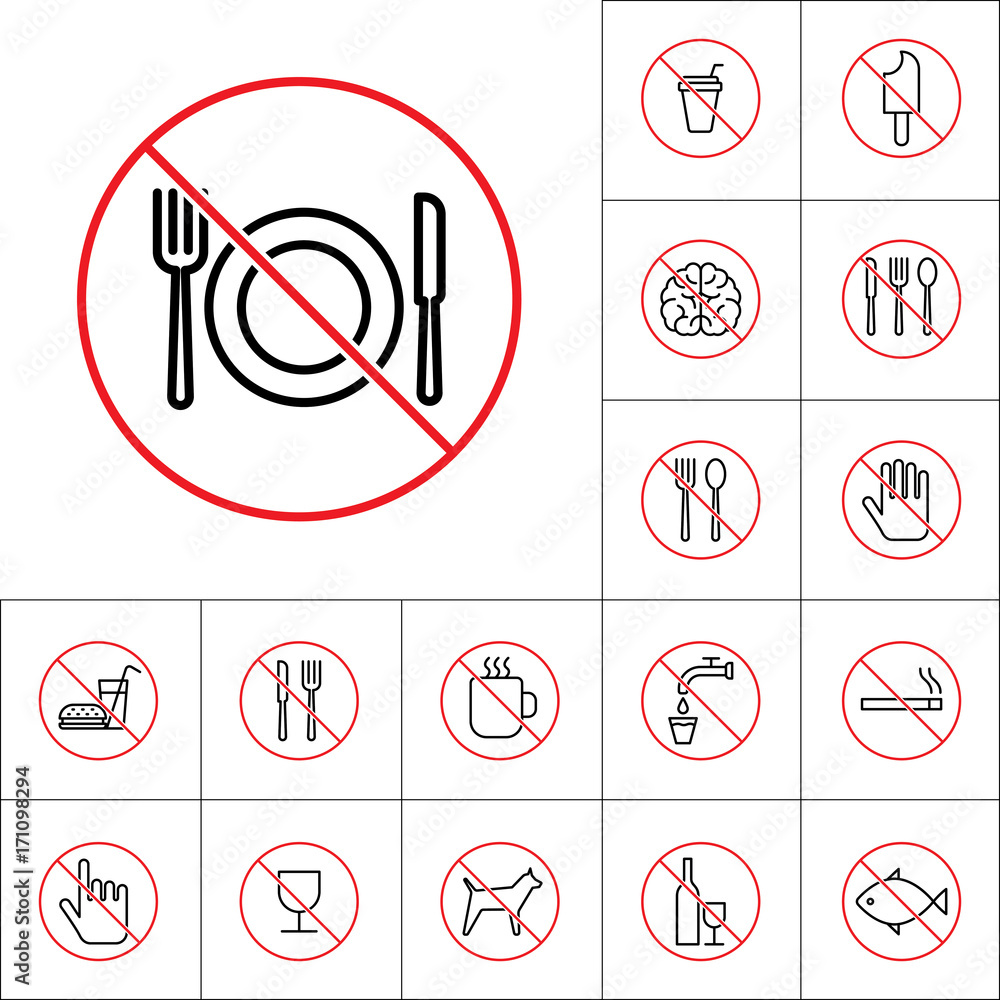 thin line no food, eating prohibition sign, food icons set thin line no food, eating prohibition sign, food icons set