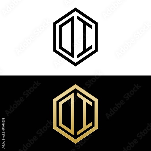 initial letters logo oi black and gold monogram hexagon shape vector
